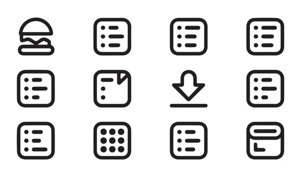Minimalist vector interface icons set featuring burger menu list options and download storage symbols.