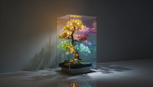 A tree inside a transparent parallelepiped, illuminated from within by multicolored LED lights, symbolizing the fusion of nature, technology, and modern design.