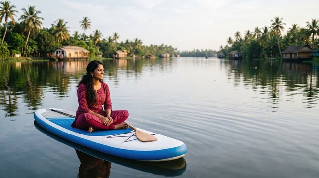 Vinyasa yoga instructor practicing paddleboard meditation in tropical backwater