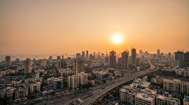 Real estate developer analyzing coastal megacity urban sprawl during golden hour