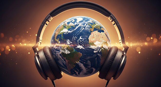 Global harmony celebrating world music day with earth and headphones visual