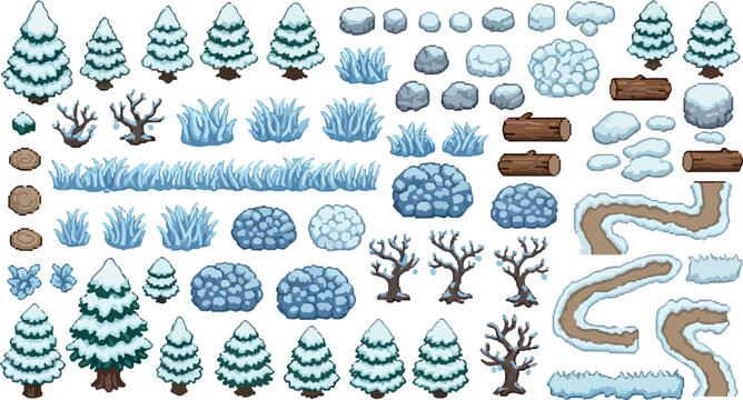 Isometric winter game assets vector set, snowy pine trees and frozen nature elements, pixel art style landscape icons for game design