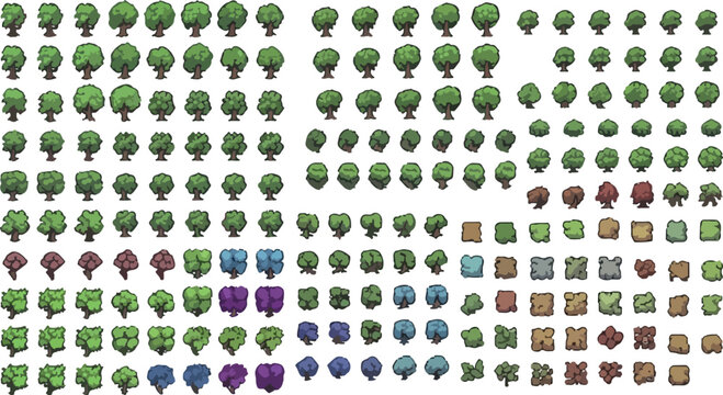 Pixel art tree collection for game design, isometric nature assets set, 2D forest environment sprites, green and purple foliage vector elements
