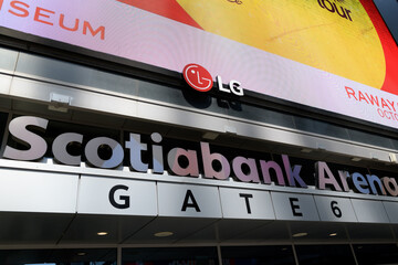 Naklejka premium close-up detail of the LG LED billboard outside Scotiabank Arena, Gate 6, Maple Leaf Square / Jurassic Park side, Bremner Blvd, Toronto