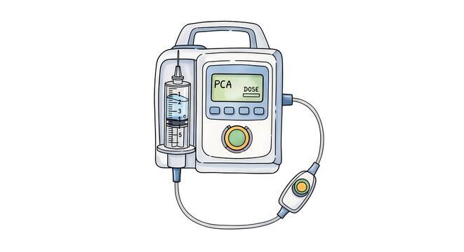 A medical device with a screen and controls is shown connected to a tube and pump in a clinical setting with PCA.