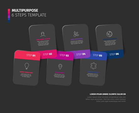 A modern infographic template with 6 steps featuring colorful dark cards for business presentations. This 6 steps infographic template uses dark cards to visualize process workflows.