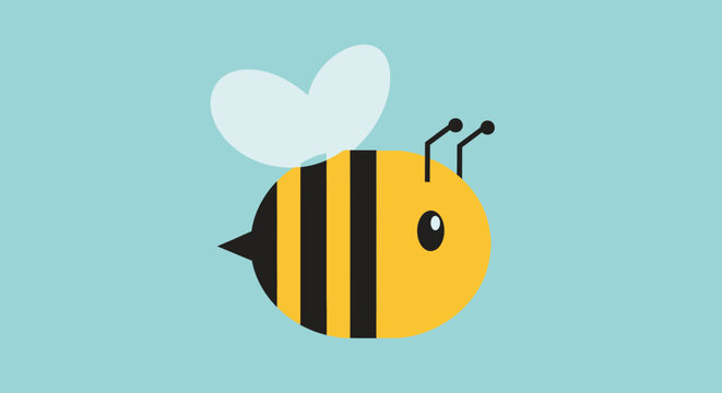 A cheerful cartoon bee illustration with black stripes and a light blue background
