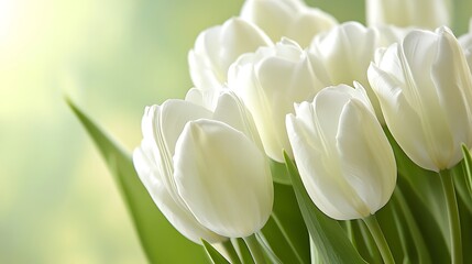 A beautiful bouquet of white tulips with green leaves on a blurred green background