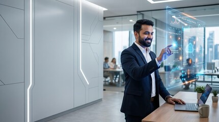 Fototapeta premium Proptech building manager adjusting smart climate control system on holographic dashboard