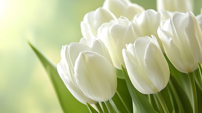 A beautiful bouquet of white tulips with green leaves on a blurred green background