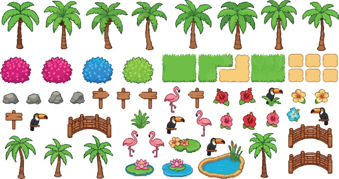 Tropical jungle game assets collection, cartoon palm trees and exotic animals vector set, summer island landscape elements for mobile gaming