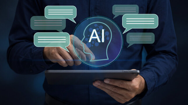 Customer support chatbot and AI powered customer service concept. Automated help desk system for online communication. Businessman using tablet for customer support automation