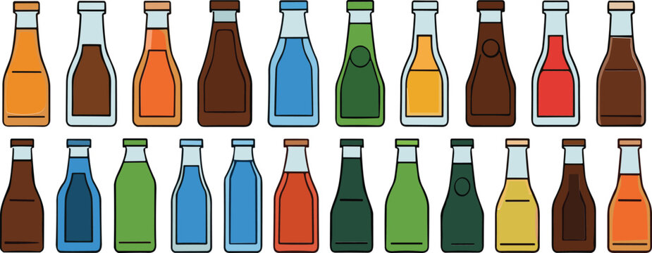 Glass bottle vector set featuring beverage containers, sauce and drink bottles in various shapes and colors
