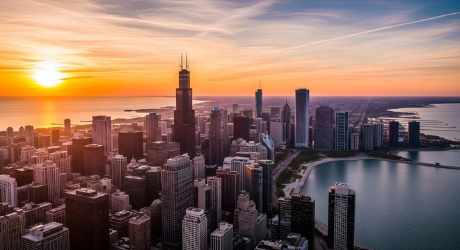 Aerial view of the chicago skyline and lake michigan at sunset with golden light
