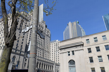 Naklejka premium looking northeast from the corner of York St and Station St to Fairmont Royal York hotel, Royal Bank Plaza, and a section of Union Station, Toronto