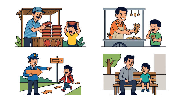 A Day of Scenes: A collage depicting four distinct everyday scenarios: a vendor and child at a market stall, a street food seller serving a customer, a policeman giving directions to a child.