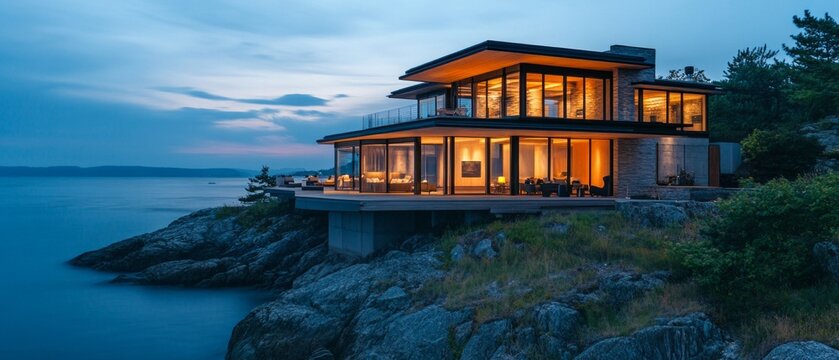 A modern house on a rocky shore glows with a warm light at dusk, providing a stunning backdrop for advertisements for luxury properties and architectural projects.
