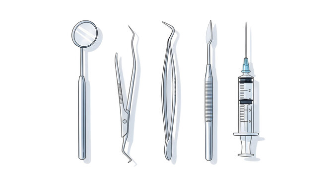 Dental tools arranged neatly including syringe, forceps, and mirror on table