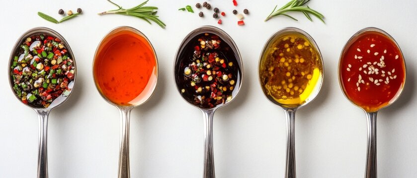 Five spoons, each holding a different sauce or spice, are lined up in a row, providing a vibrant backdrop for culinary articles on flavours and recipes.