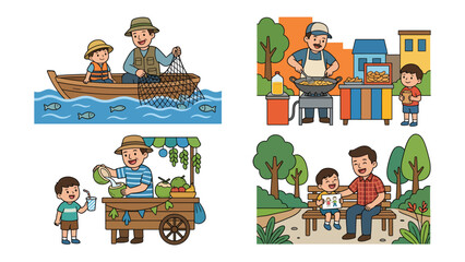 Fototapeta premium A Day of Simple Joys: Four charming illustrations depicting everyday life moments: a father and son fishing, a father and son enjoying street food, a father and son at a fruit stall.