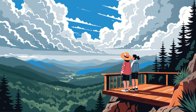Two people standing on a wooden viewpoint deck looking at a vast mountain valley under a cloudy sky, flat vector illustration.