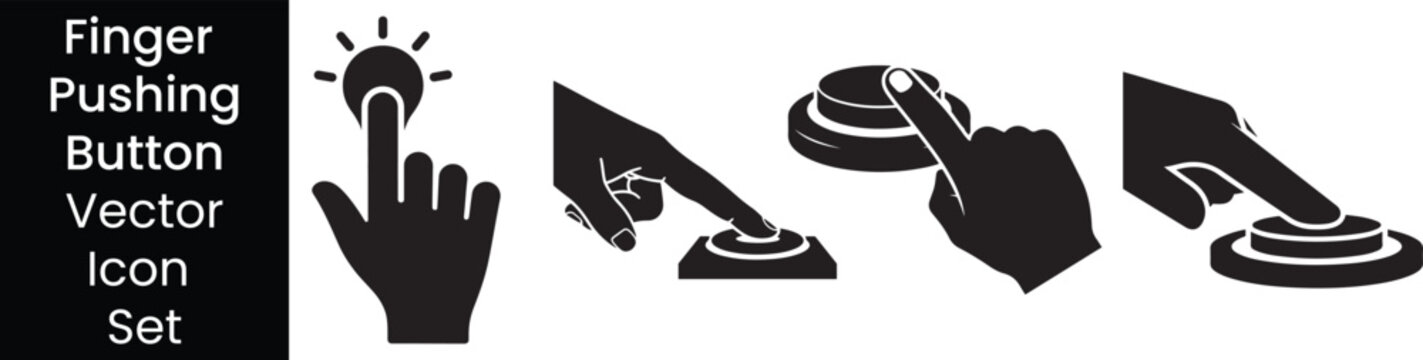 Finger pushing button vector icon set, hand pressing switch glyph illustration