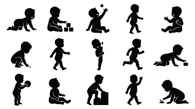 Silhouette icons of babies playing and learning in black and white style