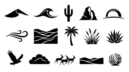 Obraz premium Nature and Environment Glyph Icons Set - Desert Wildlife, Landscape, and Weather Elements