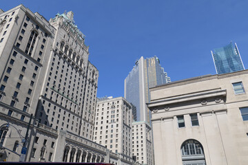 Naklejka premium view of Fairmont Royal York hotel, Royal Bank Plaza, and a section of Union Station, seen from York St, Toronto