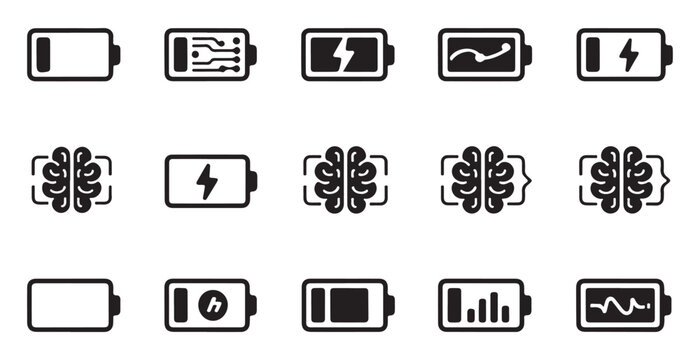 Battery charging status line icons in black on transparent background for digital indicators.