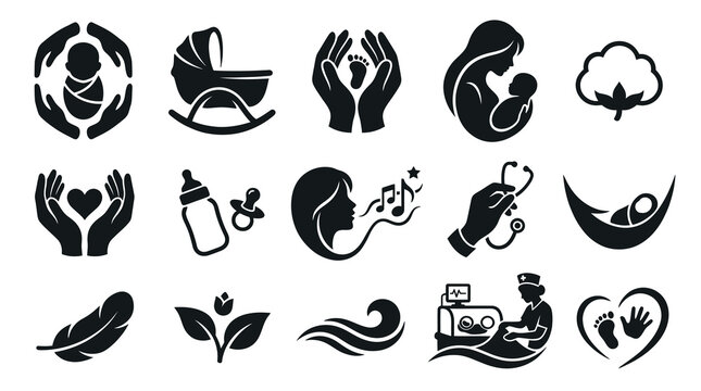 Baby Care Icons: Motherhood, Newborn, Medical, Love, Family