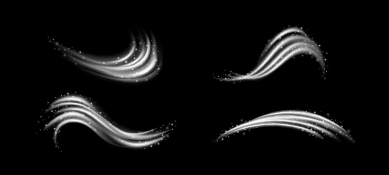 Wind effect with flowing air streams and clean light swoosh waves on black background. Dynamic wind motion of fresh breeze trails with glowing curves and abstract vector lines for cool design.