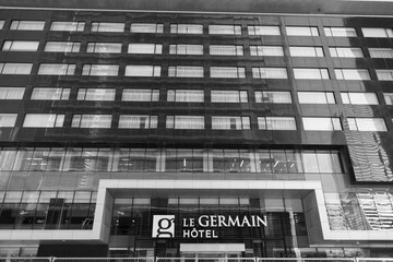 Naklejka premium defocused, black and white view of Le Germain Hotel Toronto Maple Leaf Square (75 Bremner Blvd)