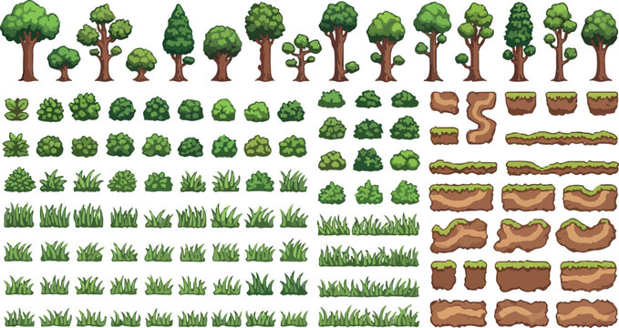 Pixel art game environment assets, 2D platformer nature elements with trees and bushes, green forest landscape tileset for video game design