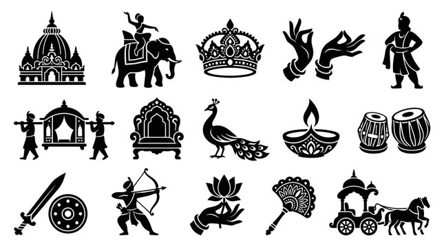 Indian Cultural Icons: Temple, Elephant, Crown, Hands, Man, Peacock, Diya, Drums