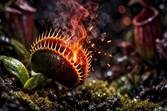 Carnivorous venus flytrap burning with hot fire and dark thick smoke. This high resolution image is perfectly suitable for digital marketing advertising and creative background projects.