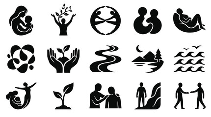 Obraz premium Black White Icons: People, Nature, Growth, and Harmony