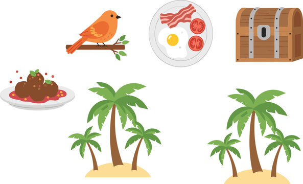Mixed vector illustration set with bird, breakfast plate, treasure chest, tropical palm trees and food elements, colorful lifestyle collection isolated on white background