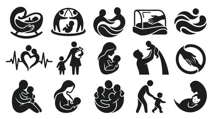Obraz premium Family Parenting Child Care Glyph Icons Set - Mother, Father, Baby, Child Love Support Vector Silhouettes