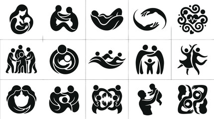 Fototapeta premium Family Love Icons Black White Glyphs - Parents Child Care Relationship Symbols