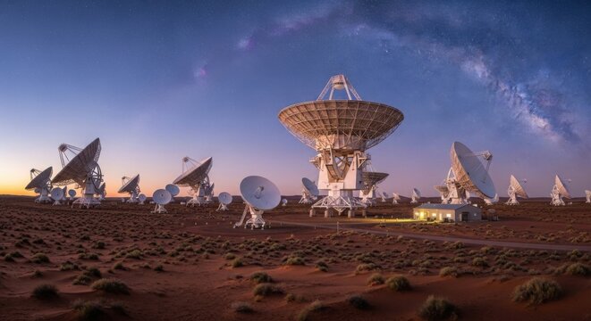 A large radio telescope antenna array stands amidst smaller dishes in a desert landscape at dusk.