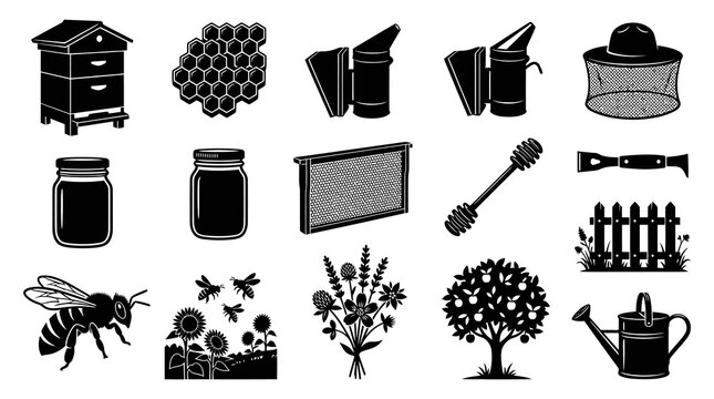 Beekeeping Icons Set: Hive, Honeycomb, Bee, Tools, Garden Items, Black and White Vector