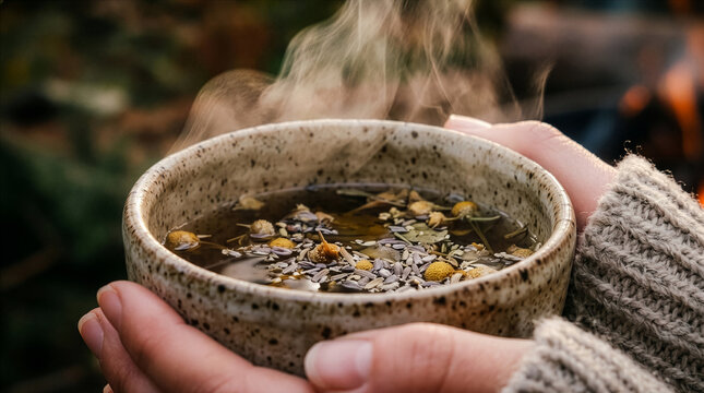 Steaming herbal concoction held in cupped hands against a blurred natural backdrop