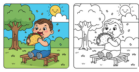 Obraz premium Happy Cartoon Boy Enjoying a Large Taco Outdoors on a Sunny Day