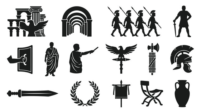 Ancient Rome Icons Set - Historical Roman Empire Black Glyph Silhouettes Collection