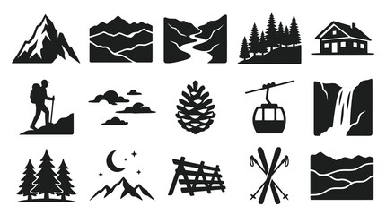 Obraz premium Black White Mountain Landscape Icons: Hiking, Skiing, Nature, and Cabin