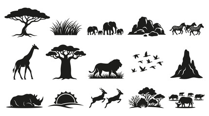 Naklejka premium African Safari Animals, Trees Landscape Black Silhouette Vector Icons Set