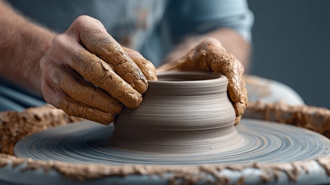 Artisan Hands Shaping Clay Vessel on Spinning Wheel