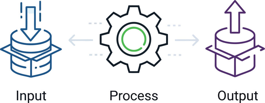 Input process output workflow diagram with gear
