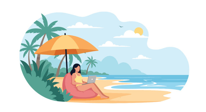 Flat style vector illustration of a woman working remotely on a laptop under an umbrella at a tropical beach, representing digital nomad lifestyle, freedom, and productivity anywhere